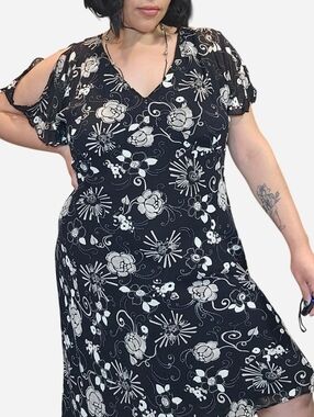 90s Vintage CEDUXION Black Midi Dress with Floral Print Plus Size 1X